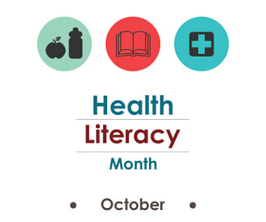 An apple, a book, and a medical cross in three separate circles over the text \"Health Literacy Month - October\"