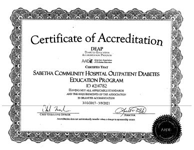 Photo of a Certificate of Accreditation given to Sabetha Community Hospital Outpatient Diabetes Education Program