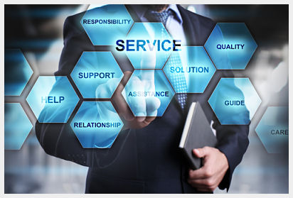 Blue hexagons with words like service, help, support ect with a man in a suit in the background
