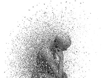 This is a picture of a person with what it looks like pieces flying off of the person