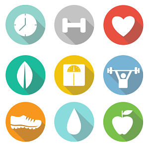 Different images that represent Health and Wellness such as, exercising, eating healthy, resting, drink water, etc.