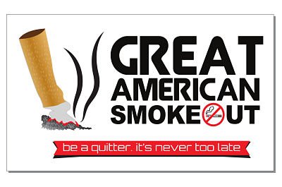 Picture of a cigarette being put out. Great American Smoke Out. Be a quitter, it's never to late.