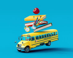 Picture of a toy model school bus with books, a clock, cup of paint brushes, and an apple dropping on top of the toy model school bus.
