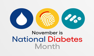Picture of an Ad that has three emoji icons of a blood drop, finger print, and prescription bills. Ad says: 
November is National Diabetes Month